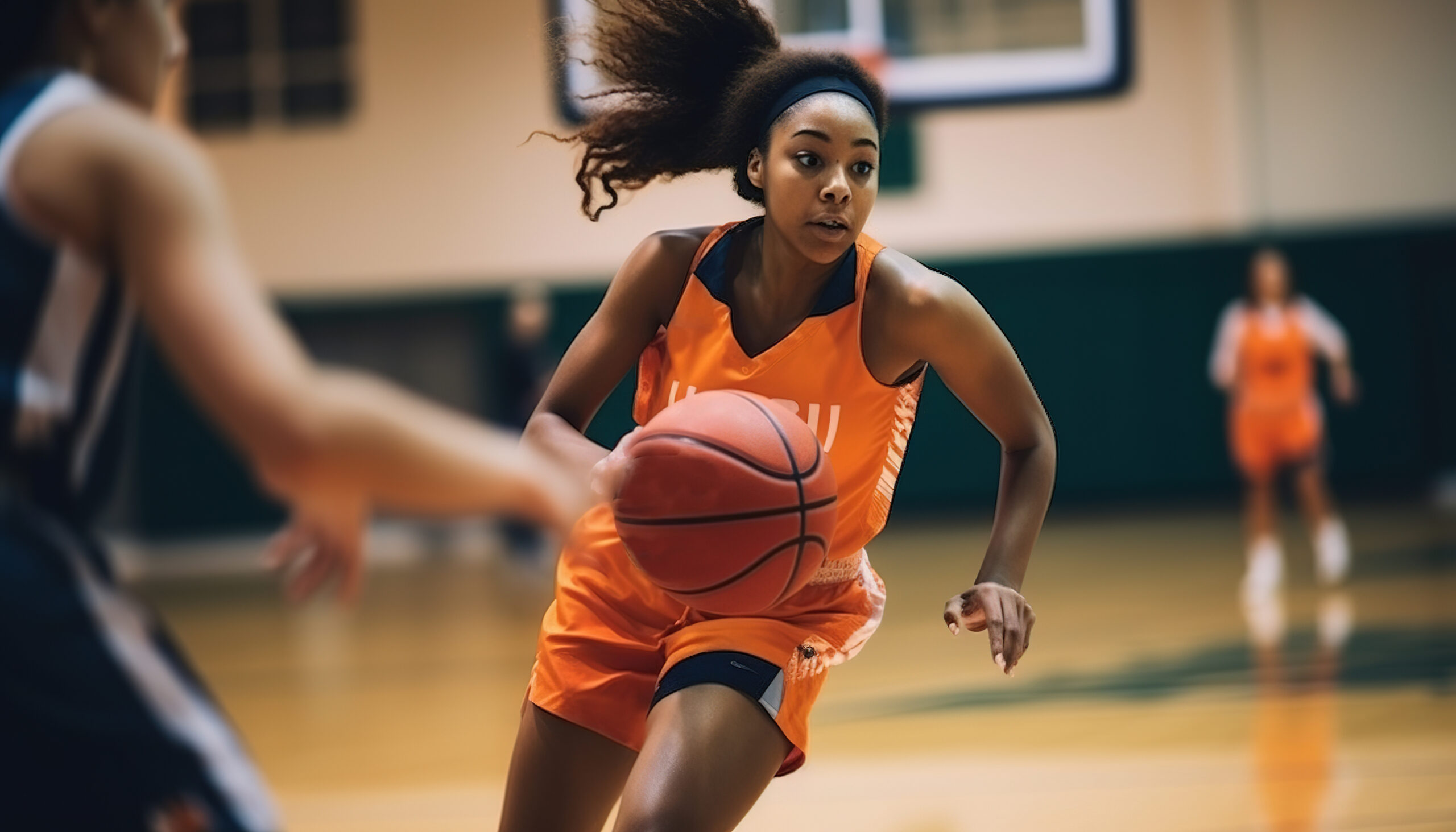 Black girl basketball player on the court during a match